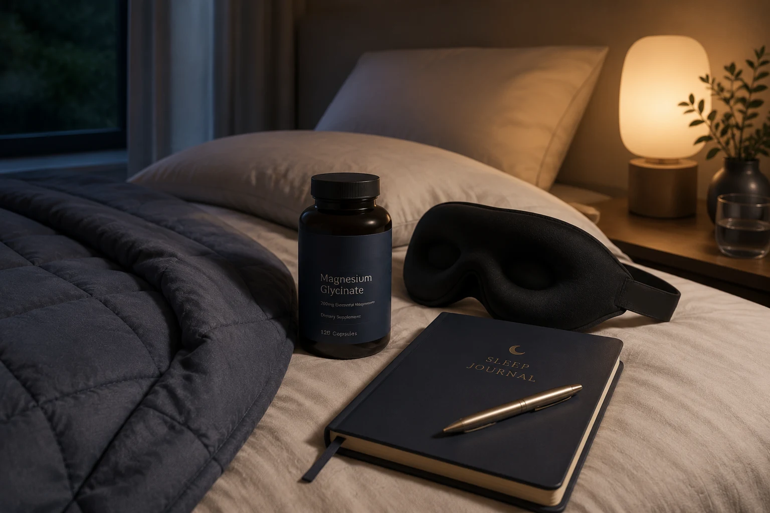 Weighted blanket with sleep mask magnesium supplement and bedtime routine essentials