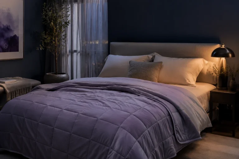 Breathable weighted blanket made with cooling fabric on a minimalist bedroom bed