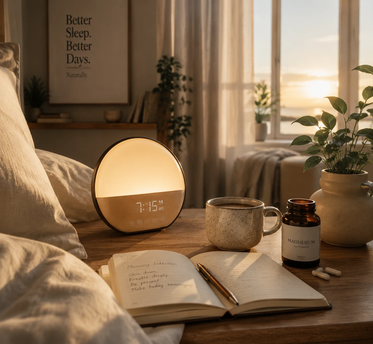 morning wellness routine featuring sunrise alarm clock in modern bedroom