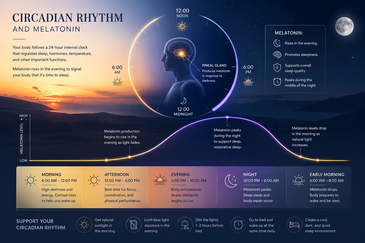 Illustration of the body's natural nighttime melatonin rhythm