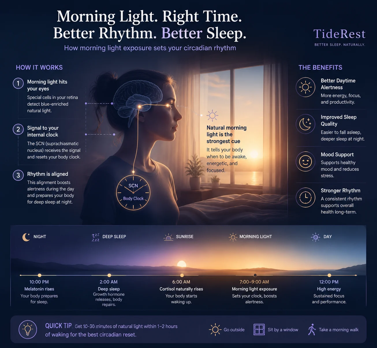 diagram explaining how morning light influences circadian rhythm and wake timing