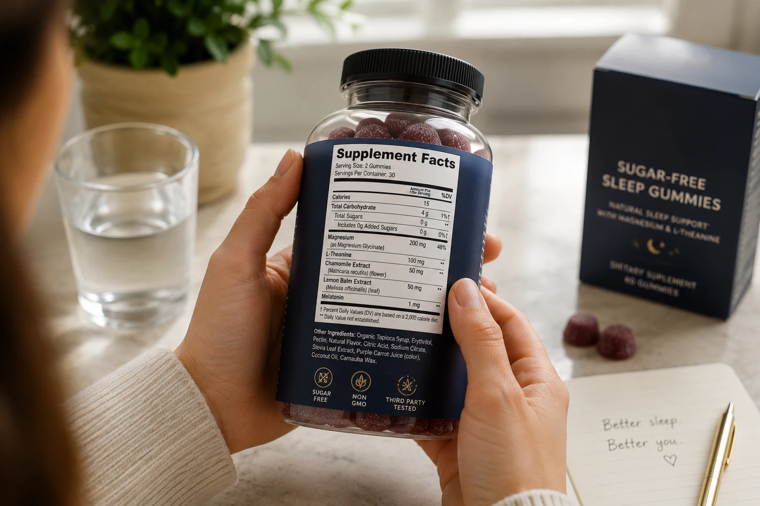 Reading the supplement facts label on a sleep gummy bottle