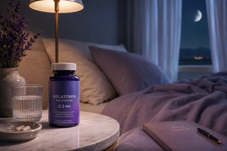 Low-dose melatonin supplement beside a softly lit bedside table at night
