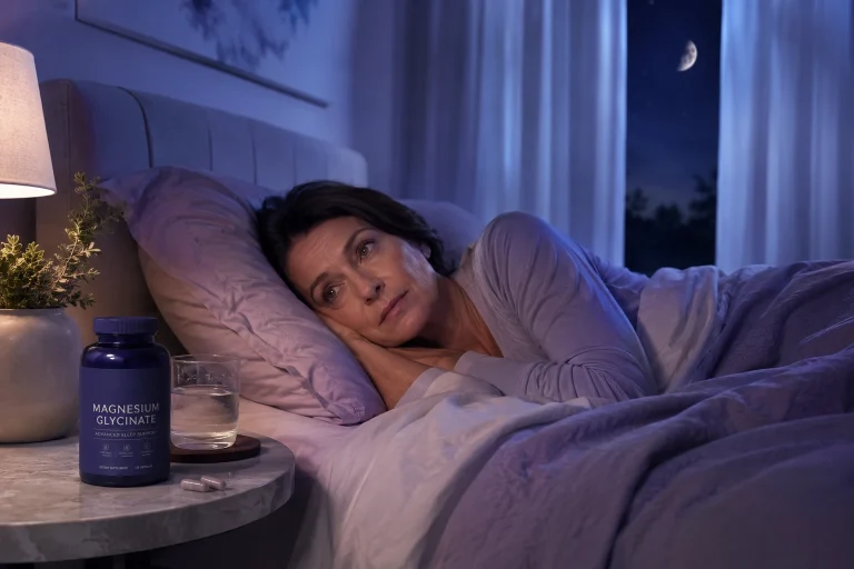 Woman experiencing perimenopause sleep problems beside a magnesium supplement