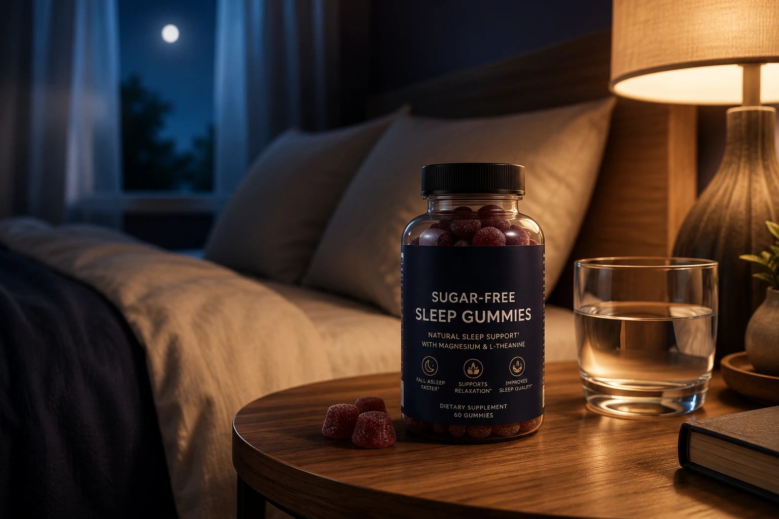 Sugar-free sleep gummies on a bedside table in a calming nighttime bedroom