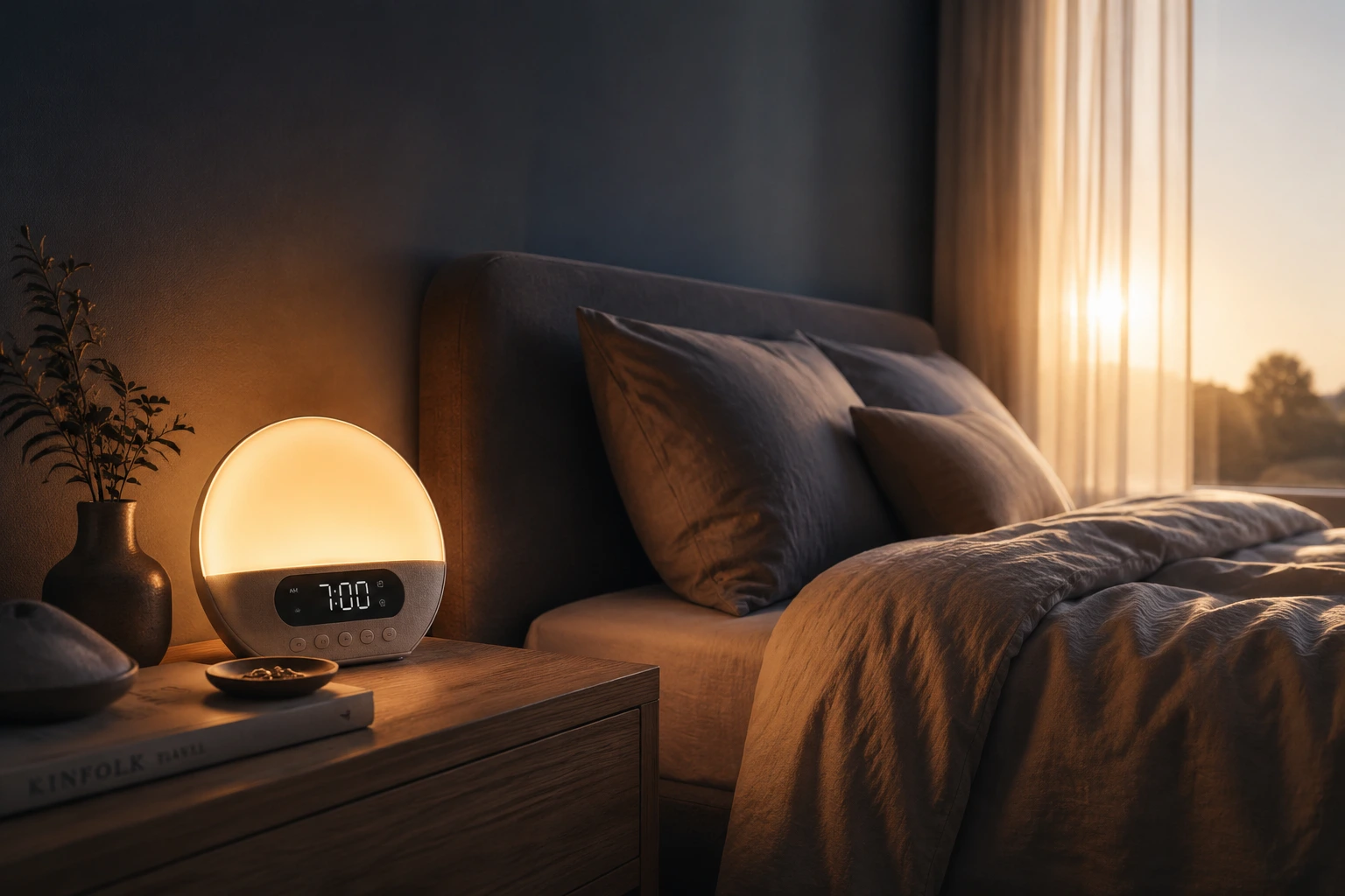 sunrise alarm clock creating natural morning light in a peaceful bedroom