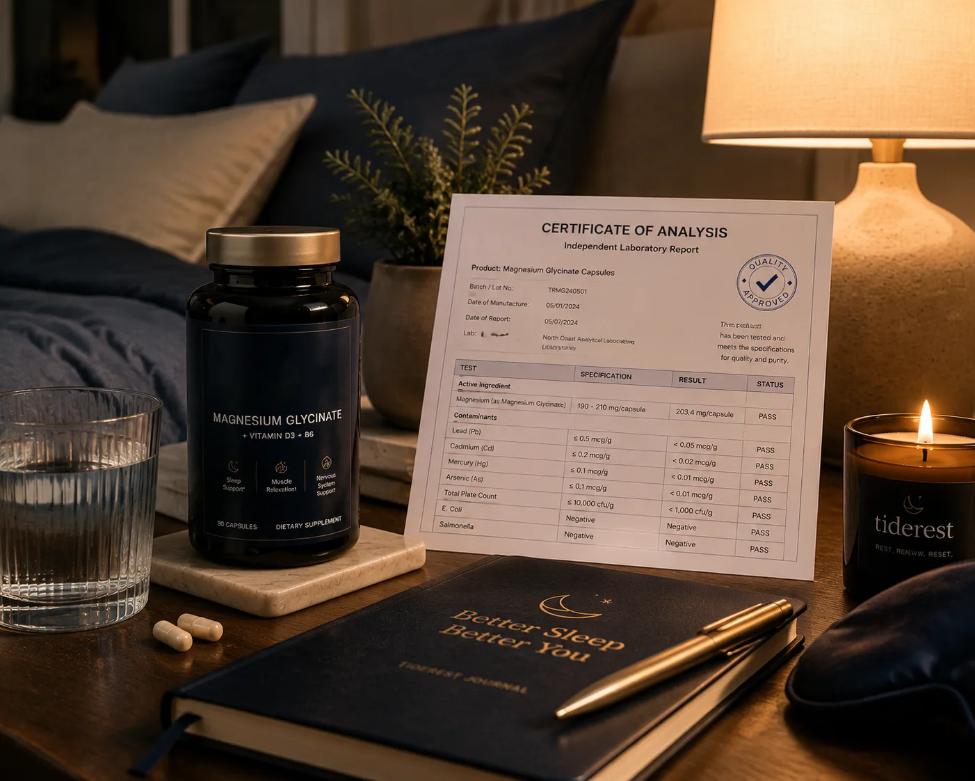 magnesium sleep supplement bottle with certificate of analysis document on bedside table